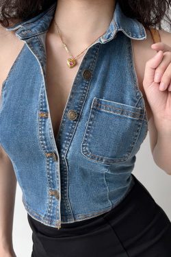 Backless Halter Denim Vest - Retro European American Style Women's Short Top, Sexy Lapel Outerwear for Trendy Looks