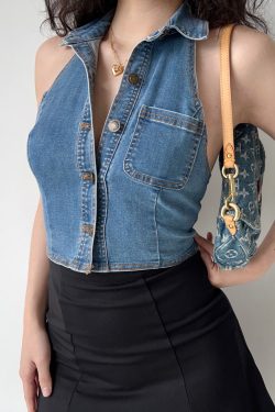 Backless Halter Denim Vest - Retro European American Style Women's Short Top, Sexy Lapel Outerwear for Trendy Looks
