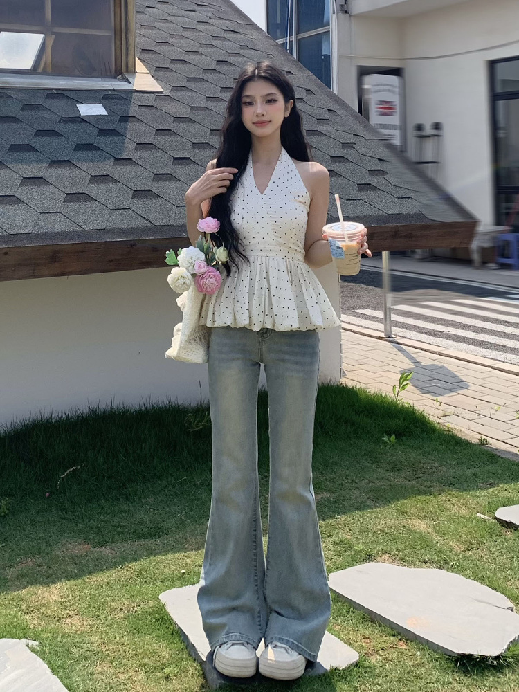 Backless Polka Dot Halter Top for Women - Elegant Slim Fit Sleeveless Summer Shirt Backless Polka Dot Halter Top for Women - Elegant Slim Fit Sleeveless Summer Shirt