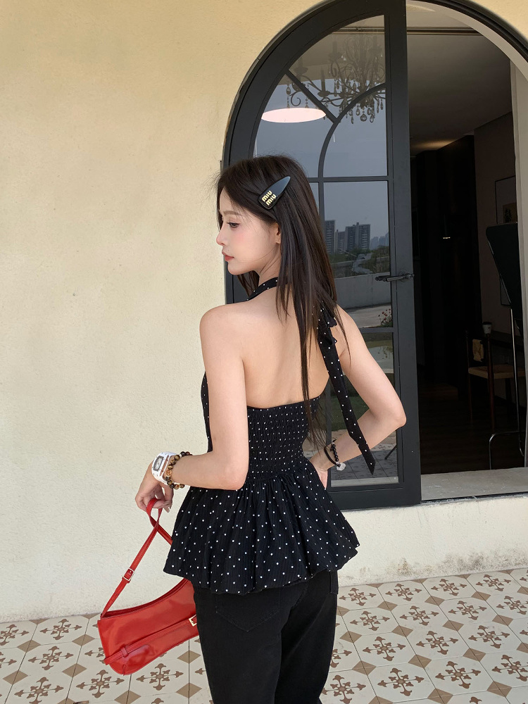 Backless Polka Dot Halter Top for Women - Elegant Slim Fit Sleeveless Summer Shirt Backless Polka Dot Halter Top for Women - Elegant Slim Fit Sleeveless Summer Shirt