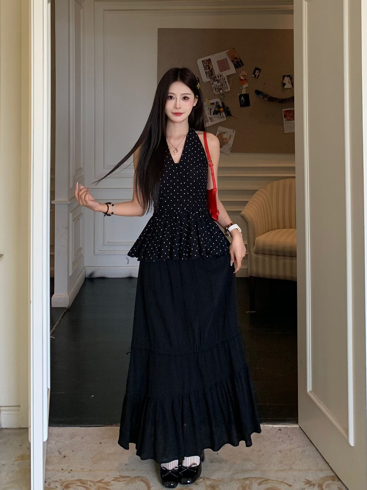 Backless Polka Dot Halter Top for Women - Elegant Slim Fit Sleeveless Summer Shirt Backless Polka Dot Halter Top for Women - Elegant Slim Fit Sleeveless Summer Shirt