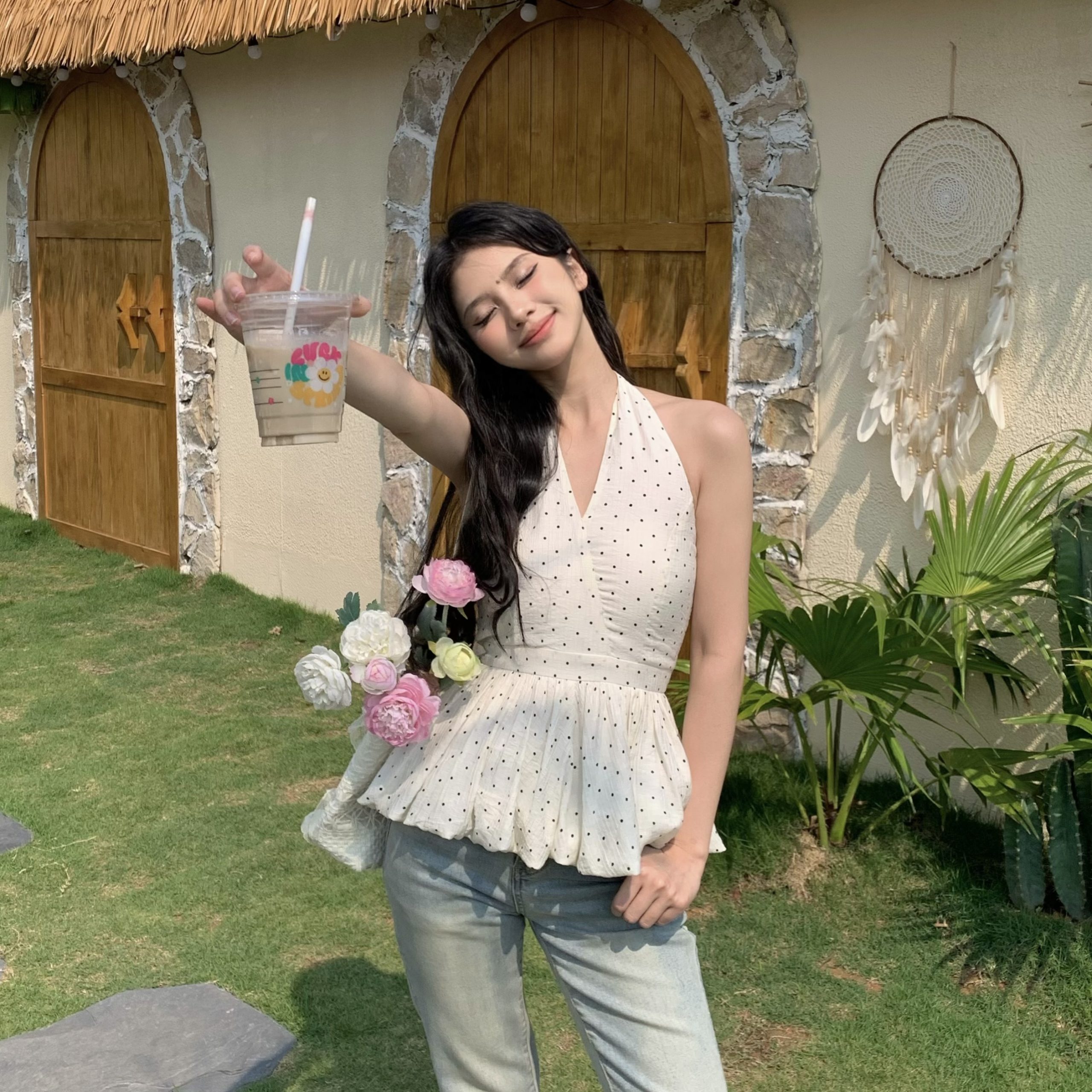 Backless Polka Dot Halter Top for Women - Elegant Slim Fit Sleeveless Summer Shirt Backless Polka Dot Halter Top for Women - Elegant Slim Fit Sleeveless Summer Shirt