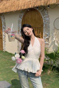 Backless Polka Dot Halter Top for Women - Elegant Slim Fit Sleeveless Summer Shirt