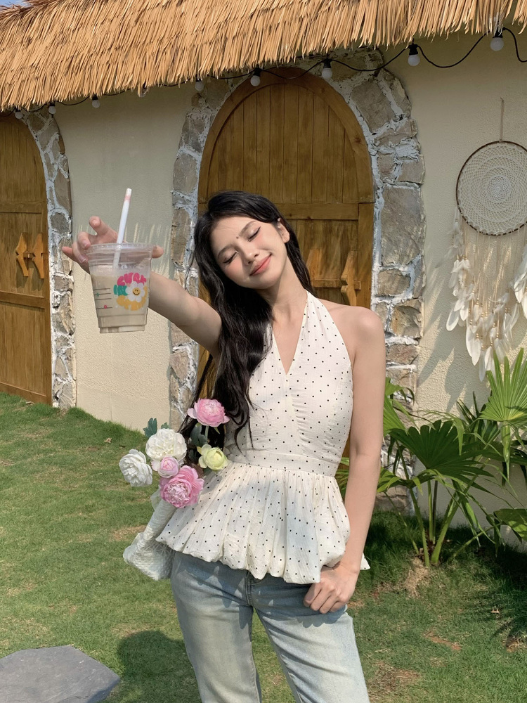 Backless Polka Dot Halter Top for Women - Elegant Slim Fit Sleeveless Summer Shirt Backless Polka Dot Halter Top for Women - Elegant Slim Fit Sleeveless Summer Shirt