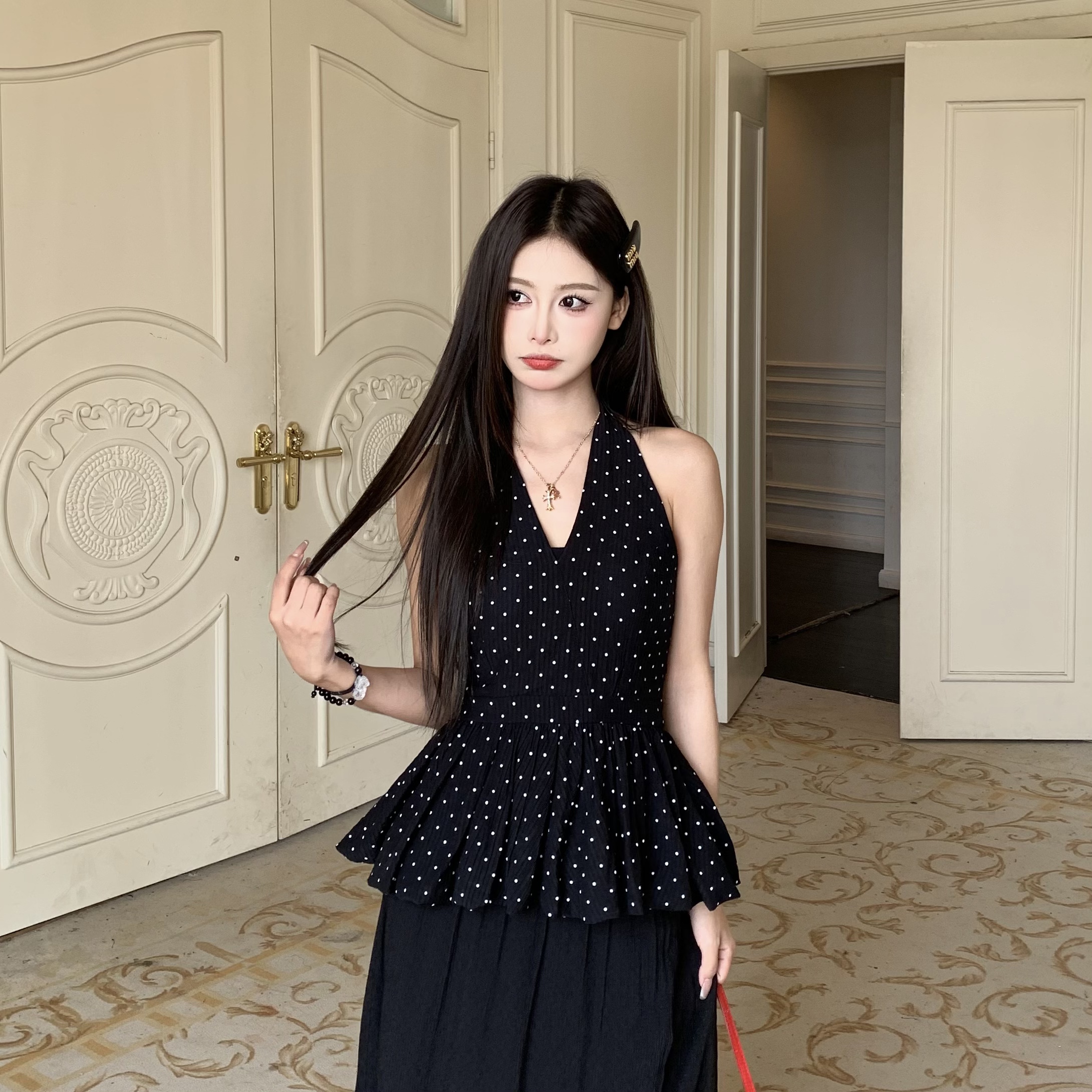 Backless Polka Dot Halter Top for Women - Elegant Slim Fit Sleeveless Summer Shirt Backless Polka Dot Halter Top for Women - Elegant Slim Fit Sleeveless Summer Shirt