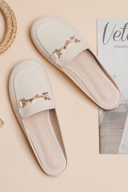 Backless Sheepskin Summer Slippers for Women - Flat Outdoor Loafers with Round Toe Design - Trendy Casual Footwear