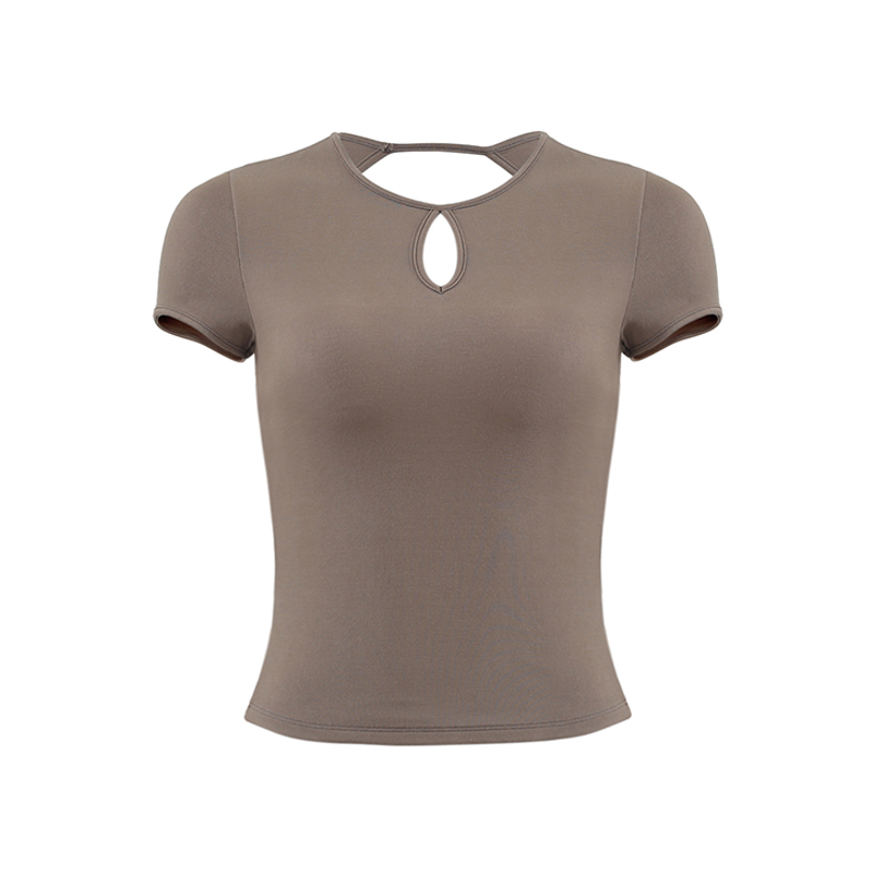 Backless Short Sleeve T-Shirt for Women, Slim Fit Round Neck Top with Chest Pad, French Style Sexy 90s Look Backless Short Sleeve T-Shirt for Women, Slim Fit Round Neck Top with Chest Pad, French Style Sexy 90s Look