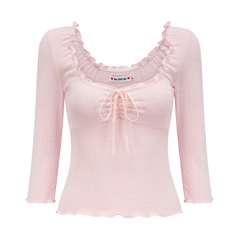 Ballet Style Bow Low Neck Waffle T-shirt for Women, Slim Fit Three-Quarter Sleeve, Y2K Inspired Fashion Top Ballet Style Bow Low Neck Waffle T-shirt for Women, Slim Fit Three-Quarter Sleeve, Y2K Inspired Fashion Top