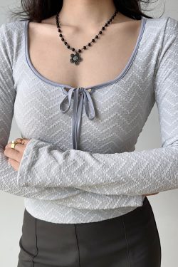 Ballet Style Bow U-Neck Long Sleeve T-Shirt for Women - Slim Fit Short Top, Perfect for Y2K and 90s Fashion Lovers