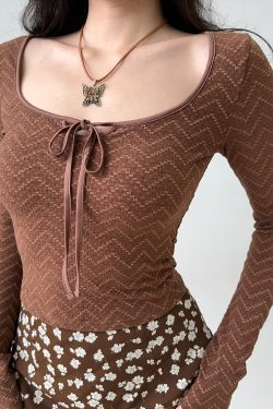 Ballet Style Bow U-Neck Long Sleeve T-Shirt for Women - Slim Fit Short Top, Perfect for Y2K and 90s Fashion Lovers