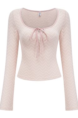 Ballet Style Bow U-Neck Long Sleeve T-Shirt for Women - Slim Fit Short Top, Perfect for Y2K and 90s Fashion Lovers