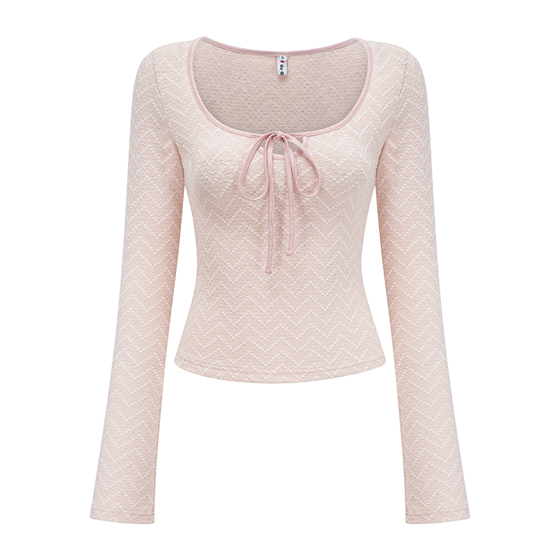 Ballet Style Bow U-Neck Long Sleeve T-Shirt for Women - Slim Fit Short Top, Perfect for Y2K and Casual Chic Looks Ballet Style Bow U-Neck Long Sleeve T-Shirt for Women - Slim Fit Short Top, Perfect for Y2K and Casual Chic Looks