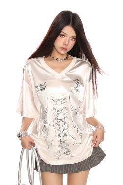 Ballet Style Satin Butterfly Lace Spliced Short Sleeve T-Shirt for Women - Summer Sweet Spicy Slim Fit Jersey, Y2K Fashion