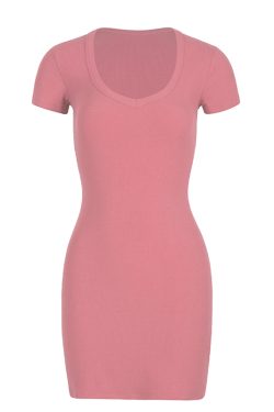 Barbie-Inspired Bodycon T-Shirt Dress with Heart-Shaped Neckline - Slim Fit, Short Sleeve, Flattering European & American Style