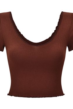 Basic Ruffle Edge V-Neck Short Sleeve Crop Top for Women - Casual 90s Inspired High Waist Tee