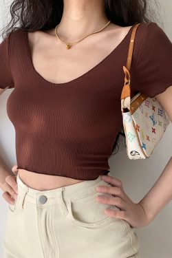 Basic Ruffle Edge V-Neck Short Sleeve Crop Top for Women - Casual 90s Inspired High Waist Tee