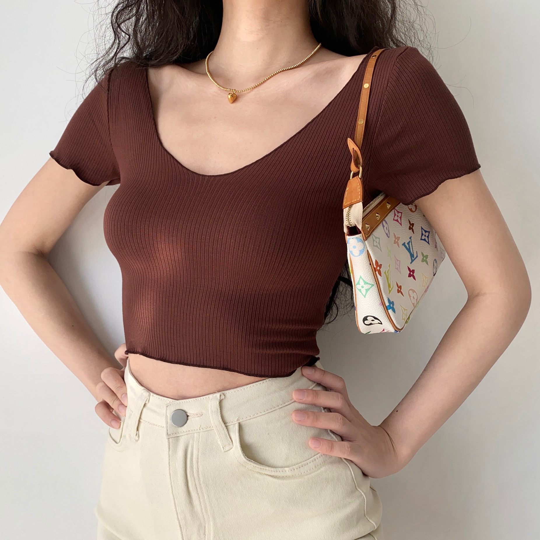 Basic Ruffle Edge V-Neck Short Sleeve Crop Top for Women - Casual 90s Inspired High Waist Tee Basic Ruffle Edge V-Neck Short Sleeve Crop Top for Women - Casual 90s Inspired High Waist Tee