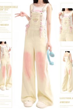 Beige Denim Overalls for Women - Trendy Loose Wide-Leg Jumpsuit, Autumn Winter Fashion, Casual 90s Style Fufu Design