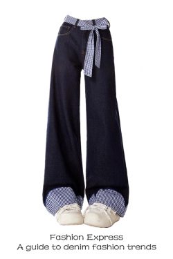 Belted Plaid Patchwork Bow Tie Denim Pants for Women - High-Waisted Loose-Fitting Wide-Leg Trousers, Spring Fashion 2023