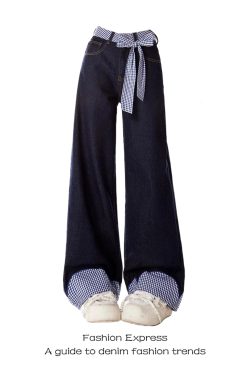 Belted Plaid Patchwork Bow Tie Denim Pants for Women - High-Waisted Loose-Fitting Wide-Leg Trousers, Spring Fashion 2023