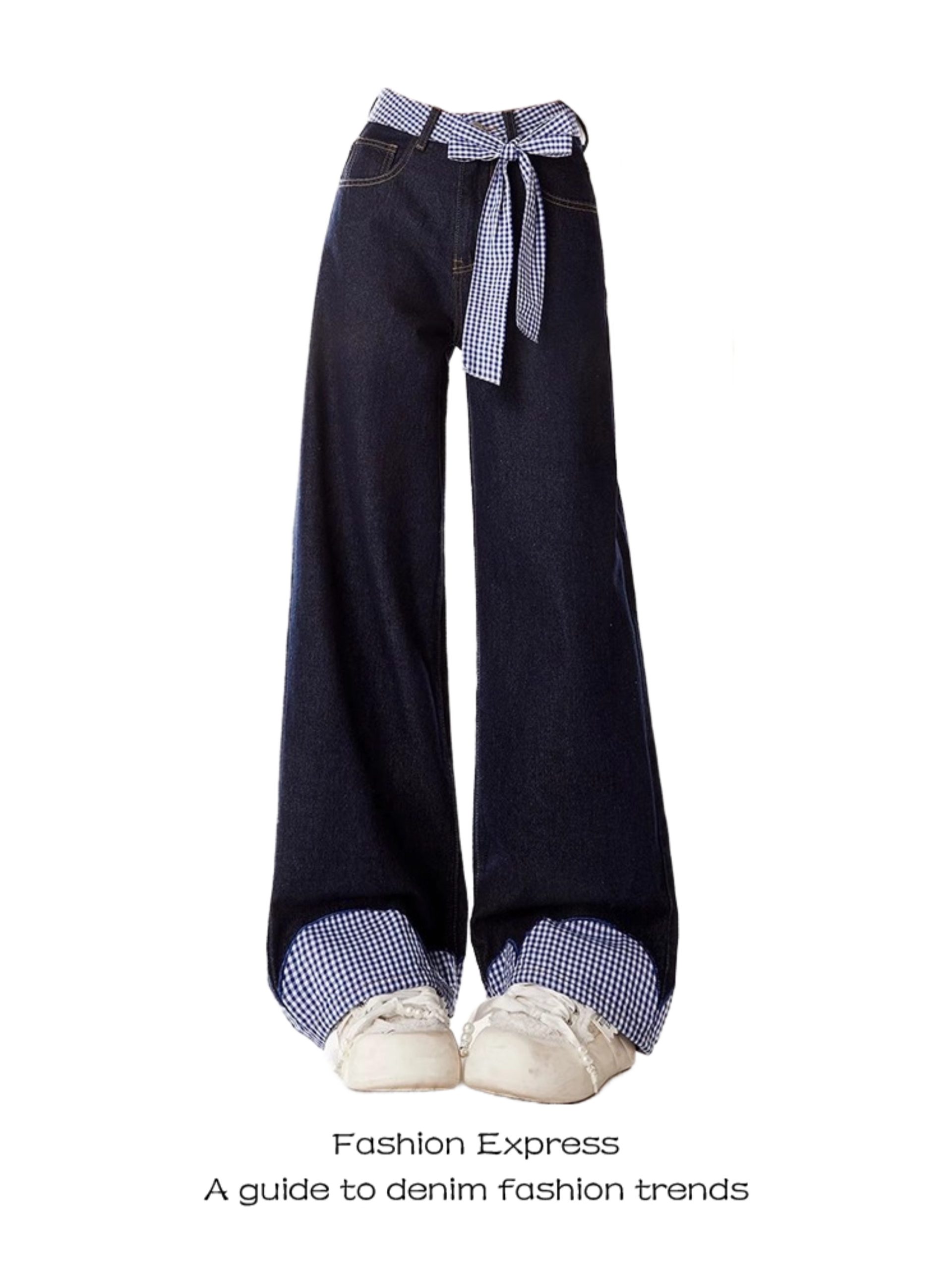 Belted Plaid Patchwork Bow Tie Denim Pants for Women - High-Waisted Loose-Fitting Wide-Leg Trousers, Spring Fashion 2023 Belted Plaid Patchwork Bow Tie Denim Pants for Women - High-Waisted Loose-Fitting Wide-Leg Trousers, Spring Fashion 2023