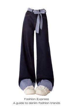 Belted Plaid Patchwork Bow Tie Denim Pants for Women - High-Waisted Loose-Fitting Wide-Leg Trousers, Spring Fashion 2023