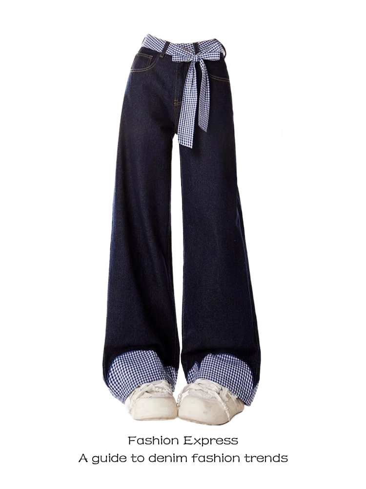 Belted Plaid Patchwork Bow Tie Denim Pants for Women - High-Waisted Loose-Fitting Wide-Leg Trousers, Spring Fashion 2023 Belted Plaid Patchwork Bow Tie Denim Pants for Women - High-Waisted Loose-Fitting Wide-Leg Trousers, Spring Fashion 2023
