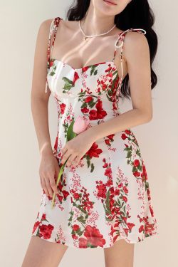 Big Red Floral Print Tie Strap Dress - Casual Vacation Style, European American Fashion, Short Skirt, Summer 2023 Trend