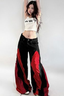 Black and Red Color Block Casual Pants for Women - Low Waist Loose Fit Hip Hop Dance Trousers - Versatile Streetwear Style
