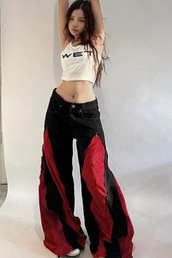 Black and Red Color Block Casual Pants for Women - Low Waist Loose Fit Hip Hop Dance Trousers - Versatile Streetwear Style