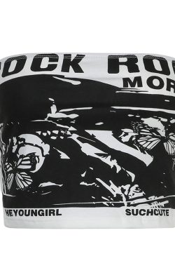 Black and White Abstract Butterfly Print Crop Top - American Style Slim Fit Flattering Outerwear for Trendy Looks