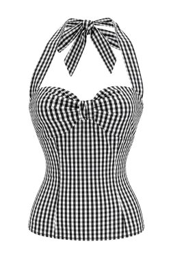 Black and White Checkered Slim Fit Halter Neck Tank Top - Women's Backless Cropped Top in European American Style, Y2K Fashion