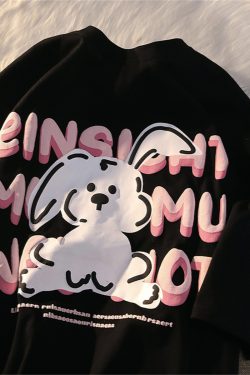 Black and White Color-Blocked Short Sleeve T-Shirt for Men and Women, Plus Size, Loose-Fitting, Pure Cotton, Rabbit Print, Couple Style