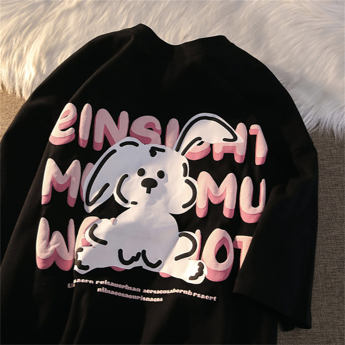 Black and White Color-Blocked Short Sleeve T-Shirt for Men and Women, Plus Size, Loose-Fitting, Pure Cotton, Rabbit Print, Couple Style Black and White Color-Blocked Short Sleeve T-Shirt for Men and Women, Plus Size, Loose-Fitting, Pure Cotton, Rabbit Print, Couple Style