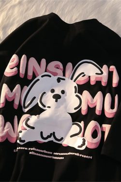 Black and White Color-Blocked Short Sleeve T-Shirt for Men and Women, Plus Size, Loose-Fitting, Pure Cotton, Rabbit Print, Couple Style