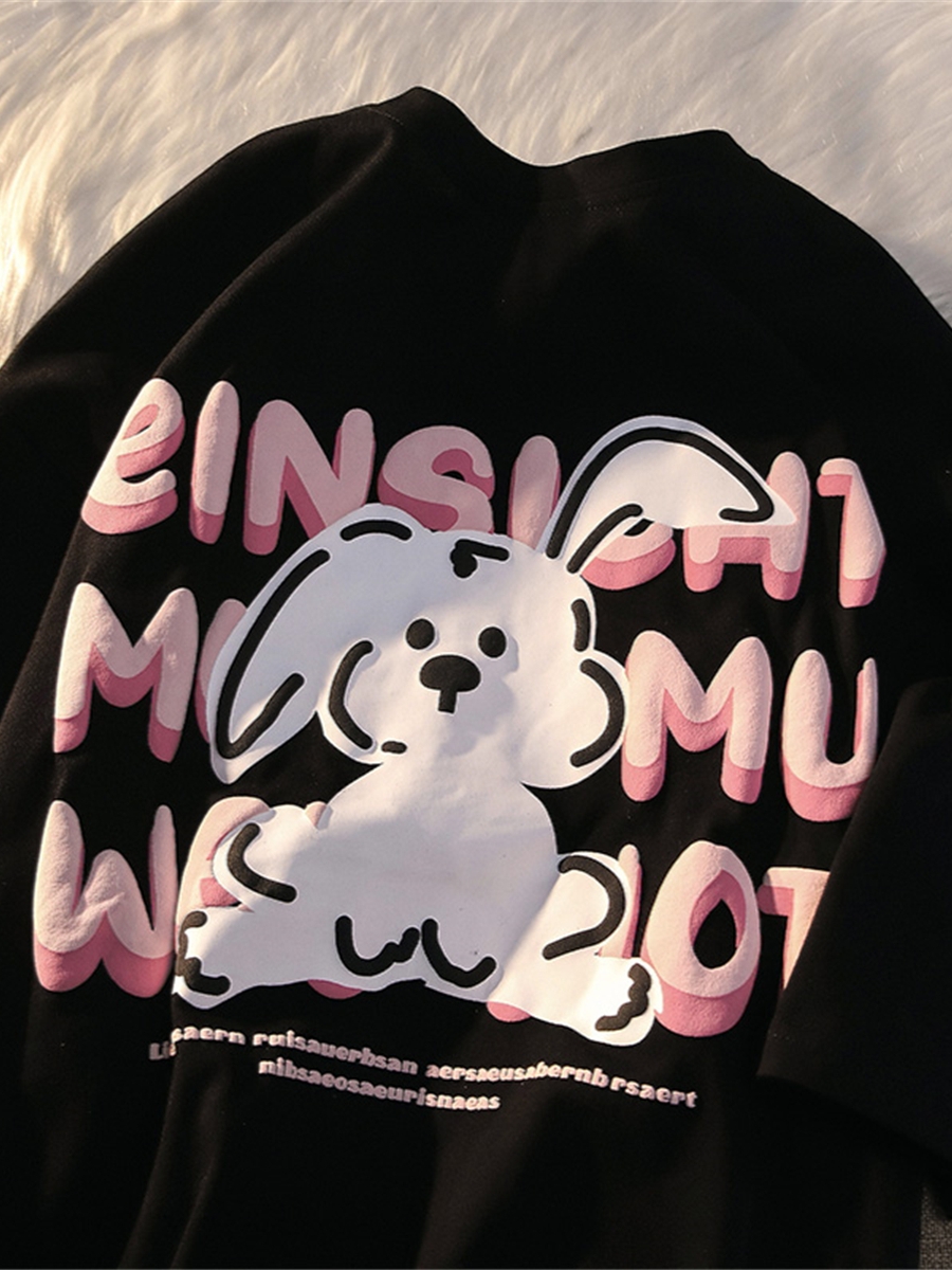 Black and White Color-Blocked Short Sleeve T-Shirt for Men and Women, Plus Size, Loose-Fitting, Pure Cotton, Rabbit Print, Couple Style Black and White Color-Blocked Short Sleeve T-Shirt for Men and Women, Plus Size, Loose-Fitting, Pure Cotton, Rabbit Print, Couple Style