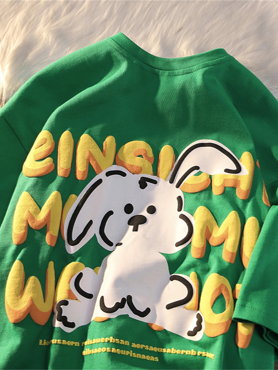 Black and White Color-Blocked Short Sleeve T-Shirt for Men and Women, Plus Size, Loose-Fitting, Pure Cotton, Rabbit Print, Couple Style Black and White Color-Blocked Short Sleeve T-Shirt for Men and Women, Plus Size, Loose-Fitting, Pure Cotton, Rabbit Print, Couple Style