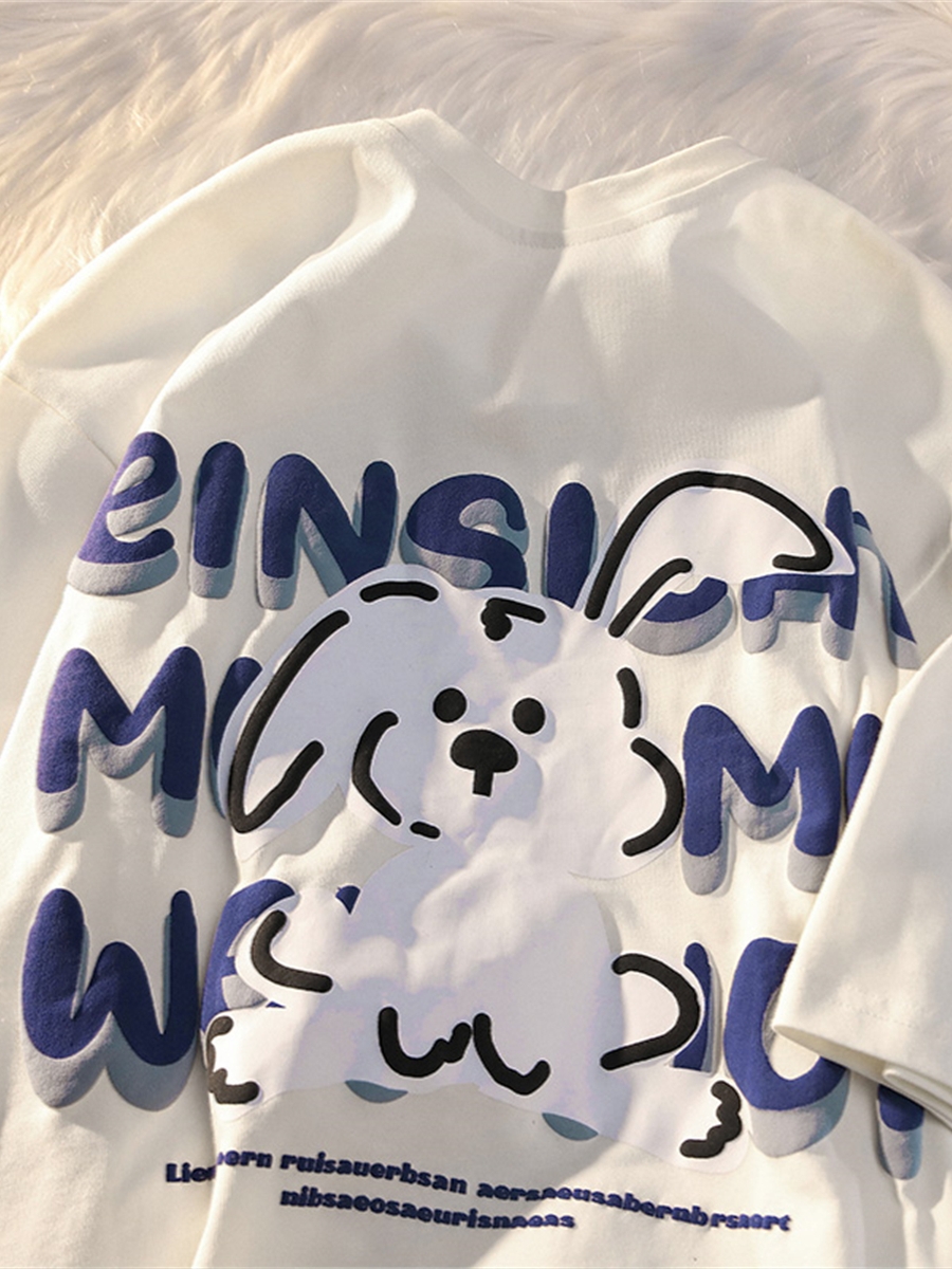 Black and White Color-Blocked Short Sleeve T-Shirt for Men and Women, Plus Size, Loose-Fitting, Pure Cotton, Rabbit Print, Couple Style Black and White Color-Blocked Short Sleeve T-Shirt for Men and Women, Plus Size, Loose-Fitting, Pure Cotton, Rabbit Print, Couple Style