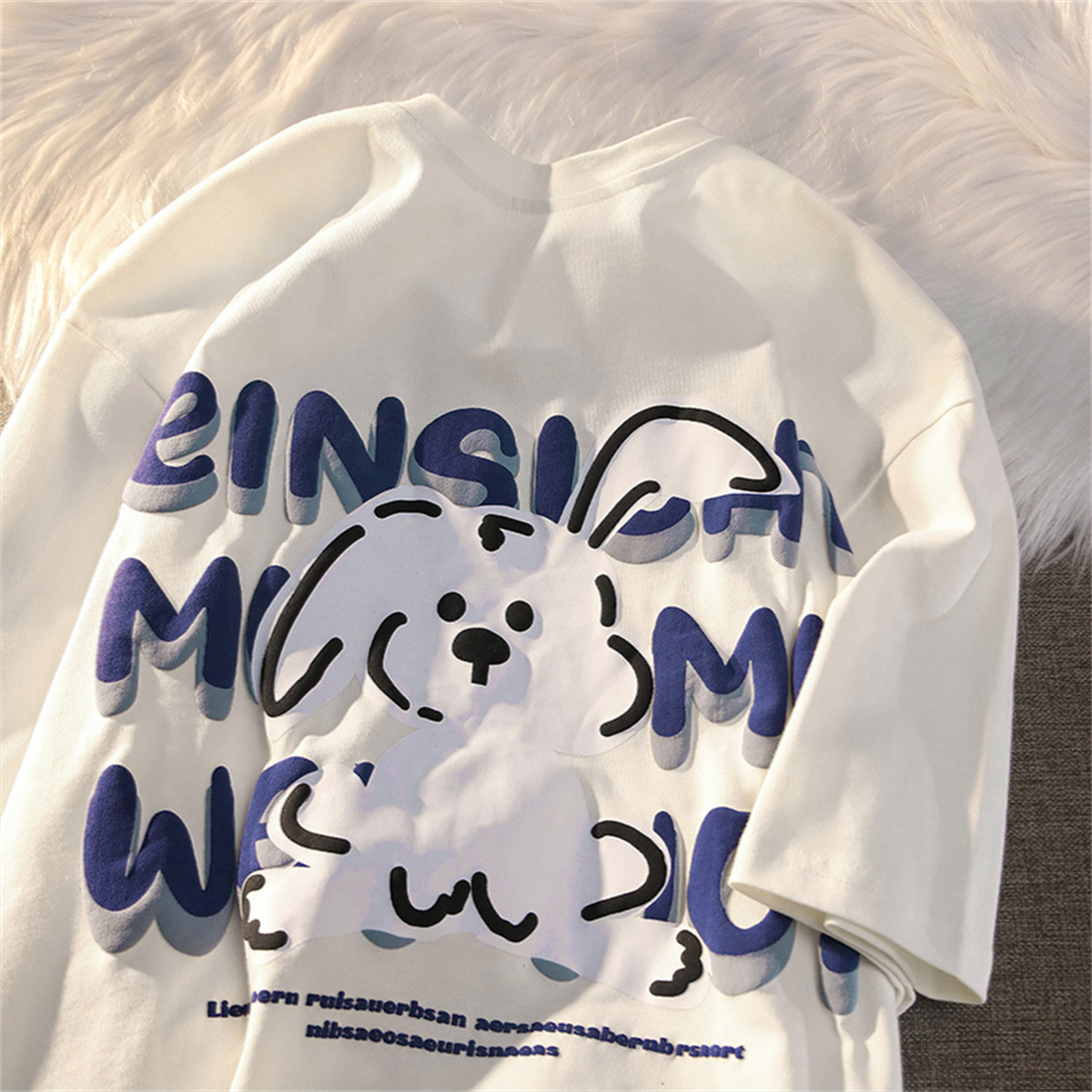 Black and White Color-Blocked Short Sleeve T-Shirt for Men and Women, Plus Size, Loose-Fitting, Pure Cotton, Rabbit Print, Couple Style Black and White Color-Blocked Short Sleeve T-Shirt for Men and Women, Plus Size, Loose-Fitting, Pure Cotton, Rabbit Print, Couple Style