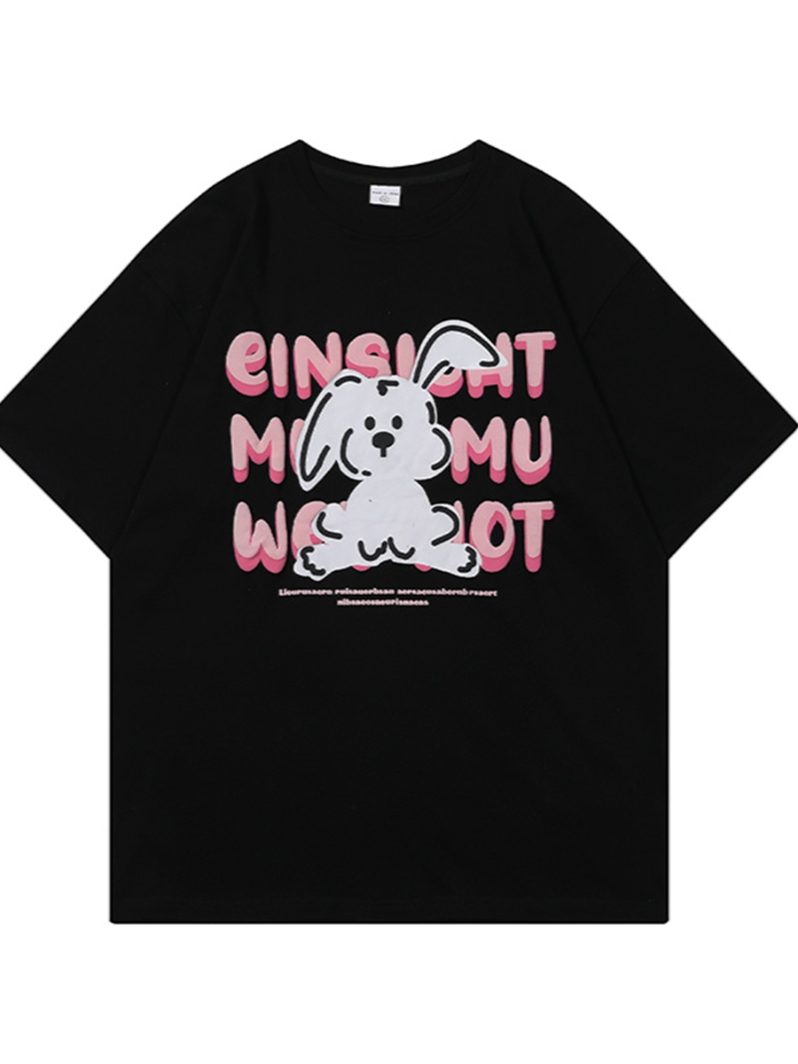 Black and White Color-Blocked Short Sleeve T-Shirt for Men and Women, Plus Size, Loose-Fitting, Pure Cotton, Rabbit Print, Couple Style Black and White Color-Blocked Short Sleeve T-Shirt for Men and Women, Plus Size, Loose-Fitting, Pure Cotton, Rabbit Print, Couple Style