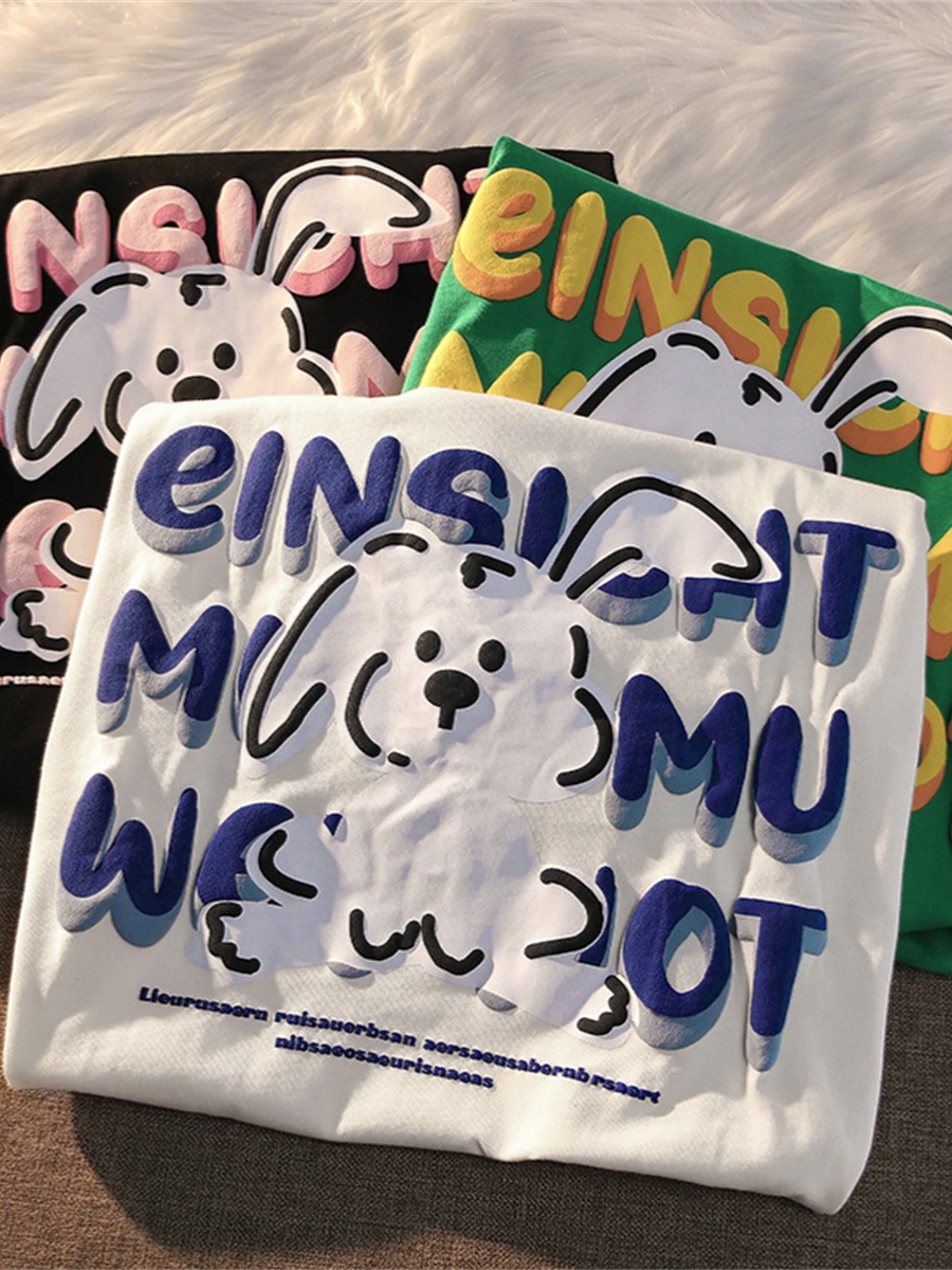 Black and White Color-Blocked Short Sleeve T-Shirt for Men and Women, Plus Size, Loose-Fitting, Pure Cotton, Rabbit Print, Couple Style Black and White Color-Blocked Short Sleeve T-Shirt for Men and Women, Plus Size, Loose-Fitting, Pure Cotton, Rabbit Print, Couple Style