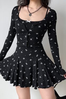 Black Bow Tie Camisole Dress Cardigan Two-Piece Set - Women's A-Line Short Skirt, European American Style, Chic Casual Fashion