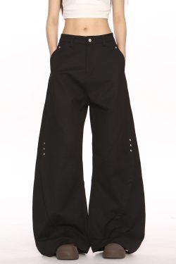 Black Deconstructed Curved Blade Wide-Leg Pants - Trendy High-End Casual Trousers for Women, Floor-Length Niche Design Fashion