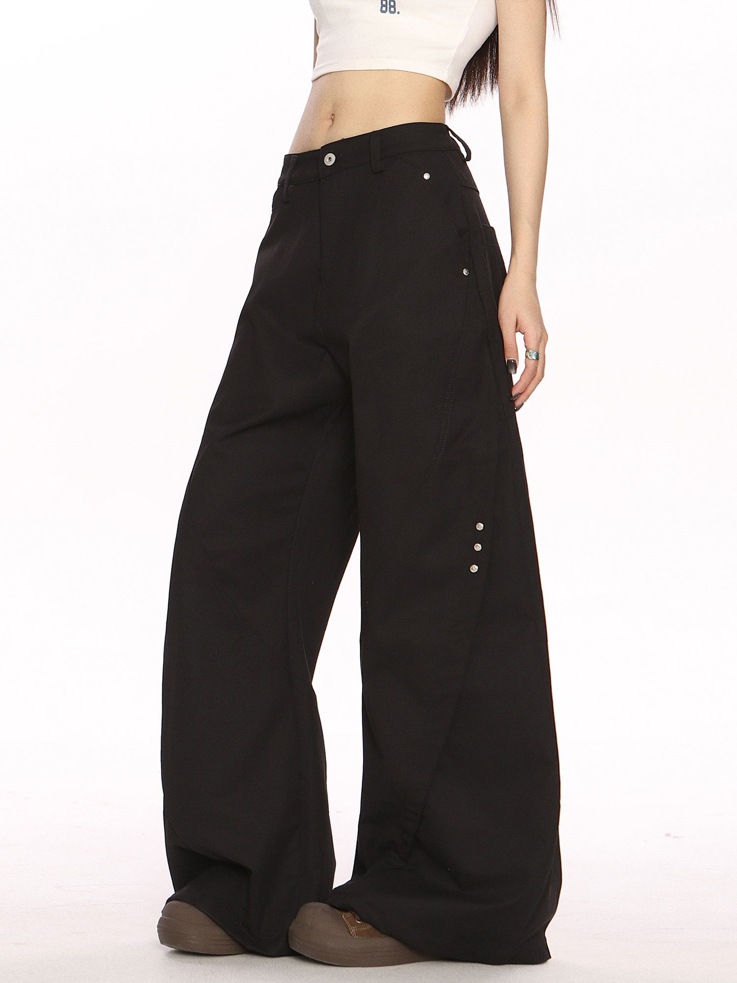 Black Deconstructed Curved Blade Wide-Leg Pants - Trendy High-End Casual Trousers for Women, Floor-Length Niche Design Fashion Black Deconstructed Curved Blade Wide-Leg Pants - Trendy High-End Casual Trousers for Women, Floor-Length Niche Design Fashion
