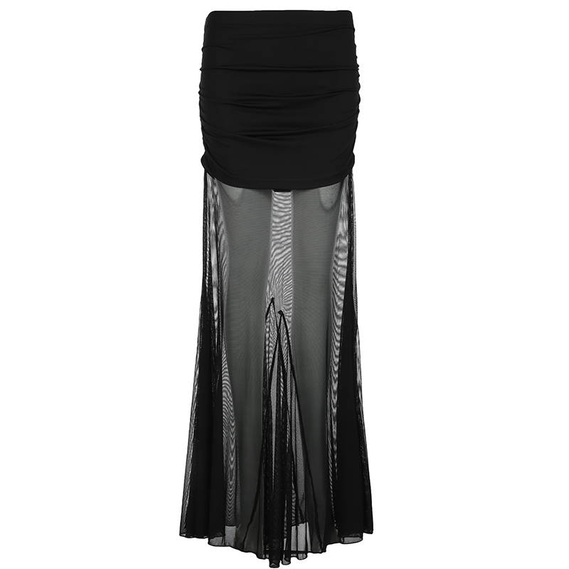 Black Mesh Splicing Low Waist Bodycon Long Skirt - Versatile Sexy Hip-Wrapping Pleated Design for Y2K and Hot Girl Style Black Mesh Splicing Low Waist Bodycon Long Skirt - Versatile Sexy Hip-Wrapping Pleated Design for Y2K and Hot Girl Style