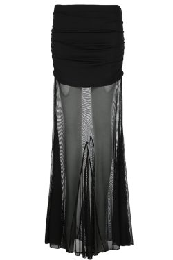 Black Mesh Splicing Low Waist Bodycon Long Skirt - Versatile Sexy Hip-Wrapping Pleated Design for Y2K and Hot Girl Style