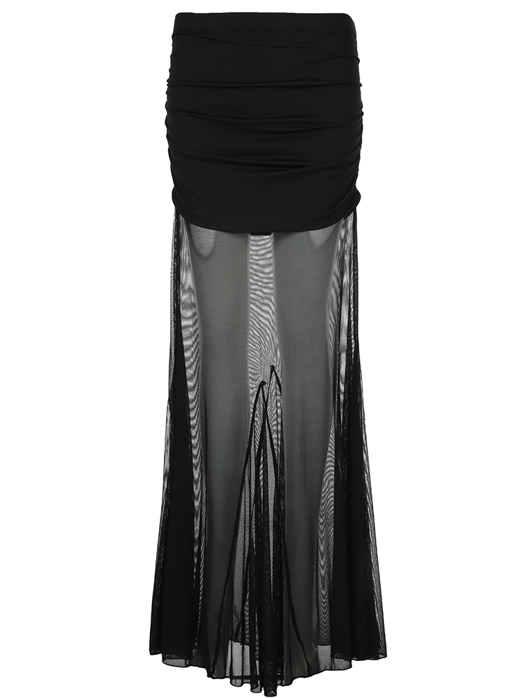 Black Mesh Splicing Low Waist Bodycon Long Skirt - Versatile Sexy Hip-Wrapping Pleated Design for Y2K and Hot Girl Style Black Mesh Splicing Low Waist Bodycon Long Skirt - Versatile Sexy Hip-Wrapping Pleated Design for Y2K and Hot Girl Style