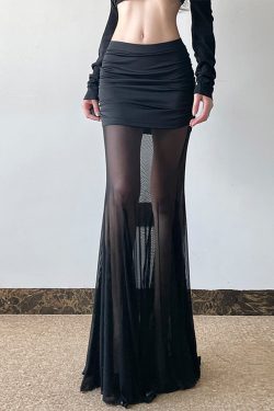Black Mesh Splicing Low Waist Bodycon Long Skirt - Versatile Sexy Hip-Wrapping Pleated Design for Y2K and Hot Girl Style