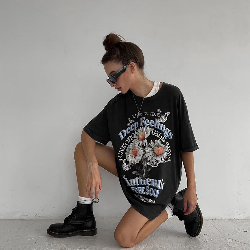 Black Oversized Short Sleeve T-Shirt for Women - American Retro Summer Trendy Top for Spicy Girls Black Oversized Short Sleeve T-Shirt for Women - American Retro Summer Trendy Top for Spicy Girls