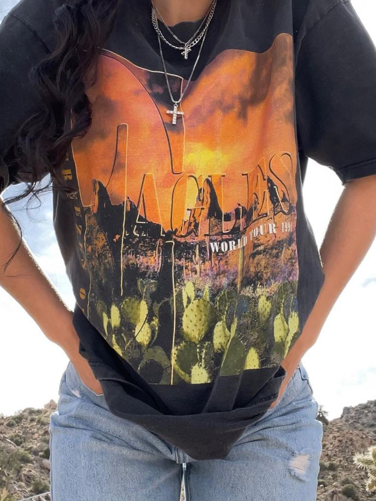 Black Oversized Short-Sleeve T-Shirt for Women - Vintage American Retro Style, Summer High Street Trendy Top Black Oversized Short-Sleeve T-Shirt for Women - Vintage American Retro Style, Summer High Street Trendy Top